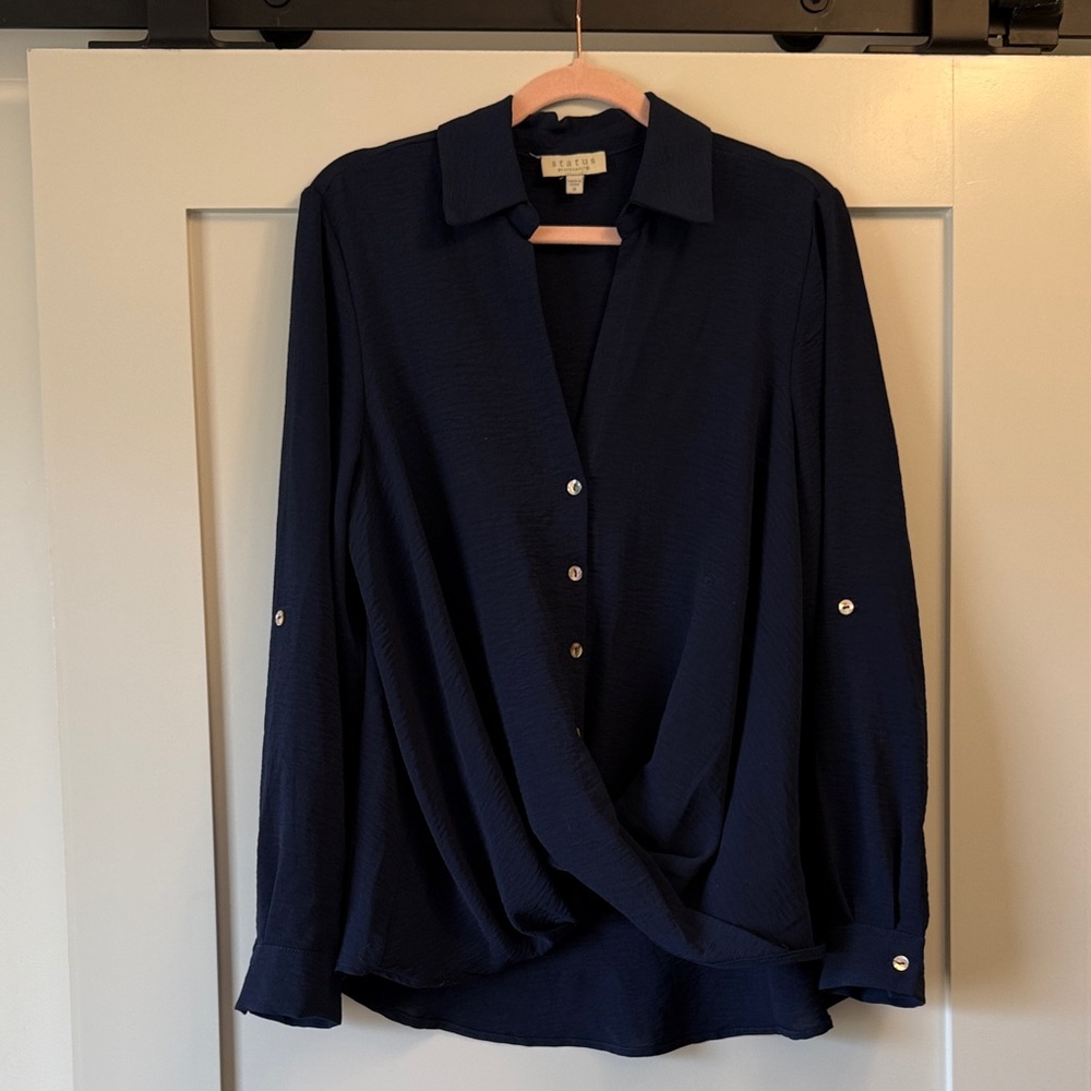 Dark Blue Button Down Shirt with Faux-Wrap Front